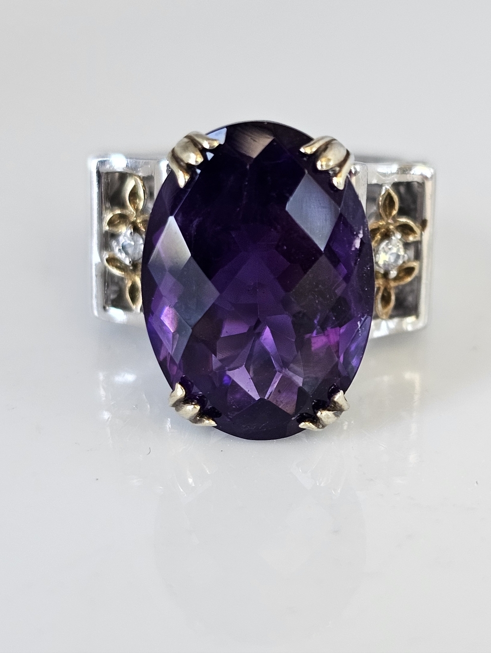 Gems En Vogue Large Amethyst & Diamond Ring Palladium Sterling Silver 18k Sz 8